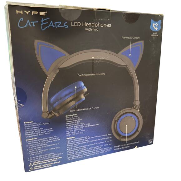 Hype Cat Ears LED Headphones with Mic Blue Light Up Over Ear Foldable - Picture 2 of 3